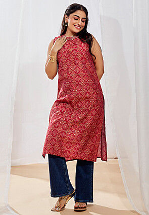 Bandhej Printed Modal Silk Straight Kurta in Red