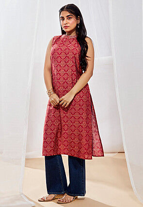 Bandhej Printed Modal Silk Straight Kurta in Red