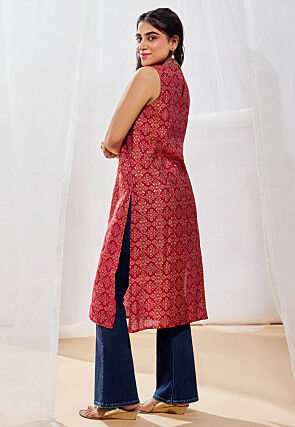 Bandhej Printed Modal Silk Straight Kurta in Red