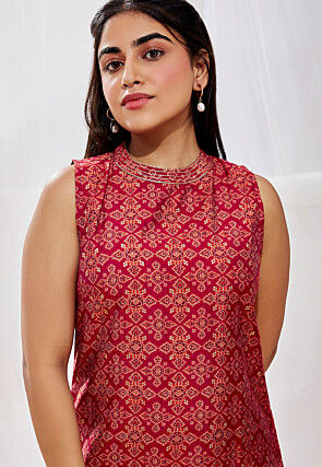 Bandhej Printed Modal Silk Straight Kurta in Red