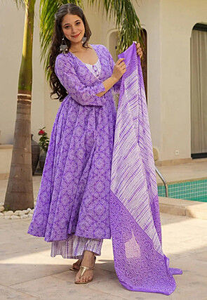 Bandhej Printed Muslin Cotton A Line Suit in Purple