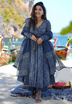 Bandhej Printed Muslin Cotton Pakistani Suit in Navy Blue