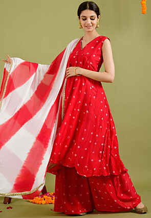 Bandhej Printed Muslin Silk A Line Suit in Red