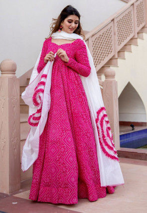 Bandhej Printed Muslin Silk Abaya Style Suit in Fuchsia