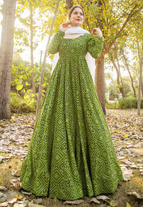 Bandhej Printed Muslin Silk Abaya Style Suit in Olive Green