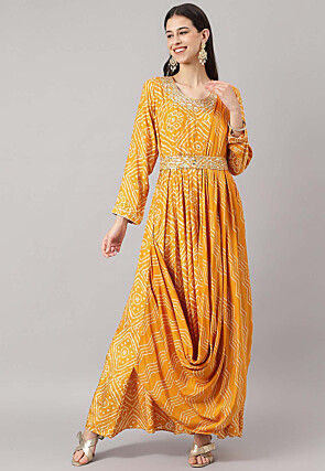 Bandhej Printed Muslin Silk Drape Style Gown in Mustard