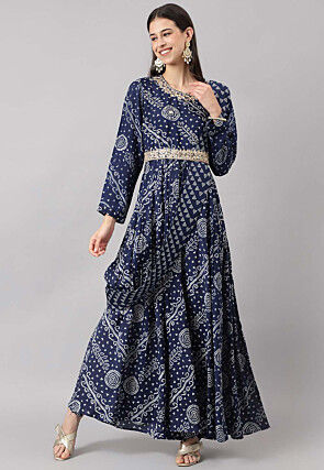 Bandhej Printed Muslin Silk Drape Style Gown in Navy Blue