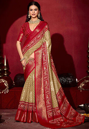 Bandhej Printed Muslin Silk Saree in Beige