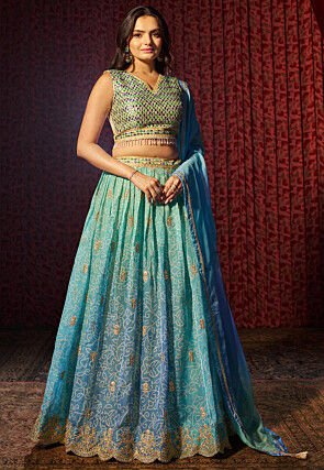 Bandhej Printed  Organza Lehenga in Blue