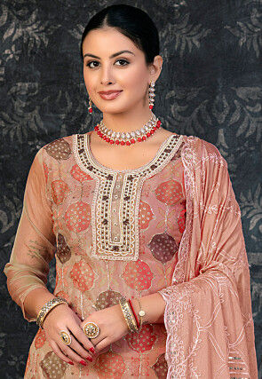 Bandhej Printed Organza Pakistani Suit in Beige