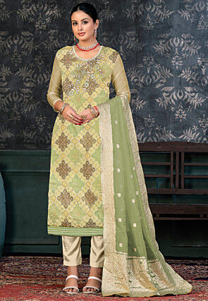 Bandhej Printed Organza Pakistani Suit in Light Green