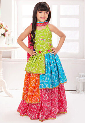 Bandhej Printed Poly Cotton Lehenga in Multicolor