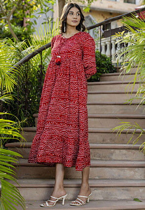 Bandhej Printed Polyester Aline Dress in Red