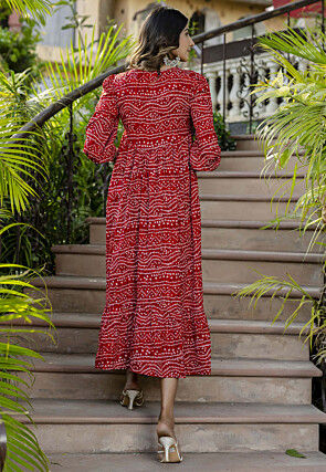 Bandhej Printed Polyester Aline Dress in Red