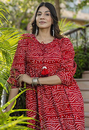 Bandhej Printed Polyester Aline Dress in Red