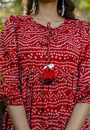 Bandhej Printed Polyester Aline Dress in Red