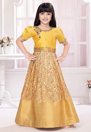 Bandhej Printed Polyester Gown in Beige and Yellow