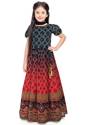 Bandhej Printed Polyester Lehenga in Red and Multicolor