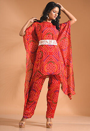 Bandhej Printed Pure Chiffon Co ord Set in Red