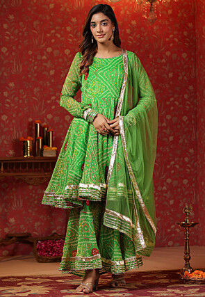 Bandhej Printed Pure Chiffon Pakistani Suit in Green