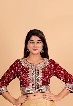 Bandhej Printed Pure Chinon Crepe Blouse in Maroon