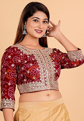 Bandhej Printed Pure Chinon Crepe Blouse in Maroon