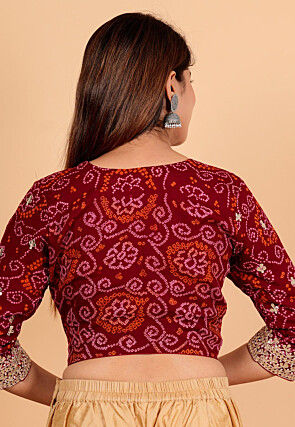 Bandhej Printed Pure Chinon Crepe Blouse in Maroon
