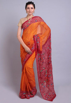 Bandhej Printed Pure Chinon Crepe Saree in Orange