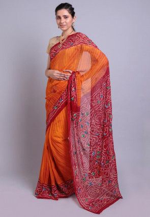 Bandhej Printed Pure Chinon Crepe Saree in Orange
