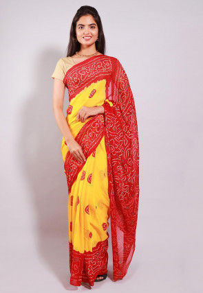 Bandhej Printed Pure Chinon Crepe Saree in Yellow and Red