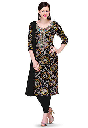 Bandhej Printed Pure Chinon Crepe Straight Suit in Black