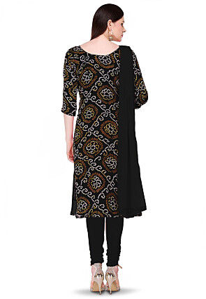 Bandhej Printed Pure Chinon Crepe Straight Suit in Black