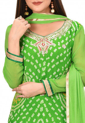 Bandhej Printed Pure Chinon Crepe Straight Suit in Light Green
