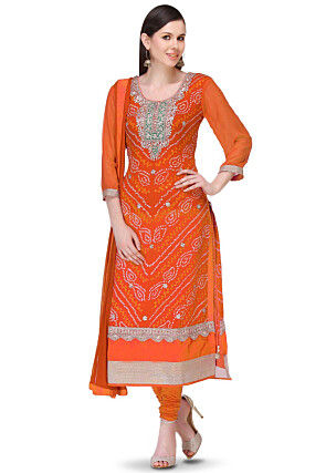 Bandhej Printed Pure Chinon Crepe Straight Suit in Orange