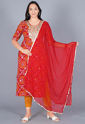 Bandhej Printed Pure Chinon Crepe Straight Suit in Red