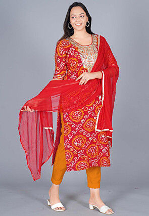 Bandhej Printed Pure Chinon Crepe Straight Suit in Red