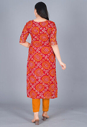 Bandhej Printed Pure Chinon Crepe Straight Suit in Red