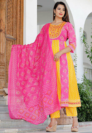 Bandhej Printed Pure Cotton Anarkali Suit in Pink and Yellow