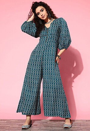 Bandhej Printed Pure Cotton Jumpsuit in Teal Blue