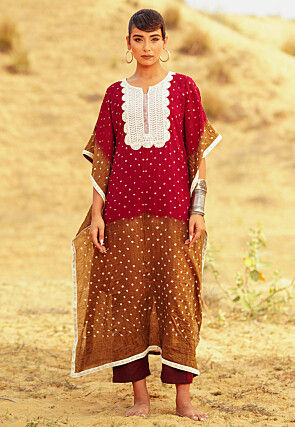 Bandhej Printed Pure Cotton Kaftan Set in Maroon and Brown