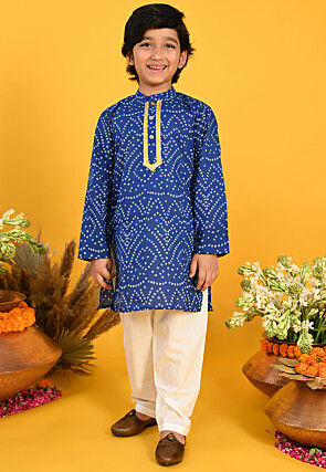 Bandhej Printed Pure Cotton Kurta Set in Navy Blue