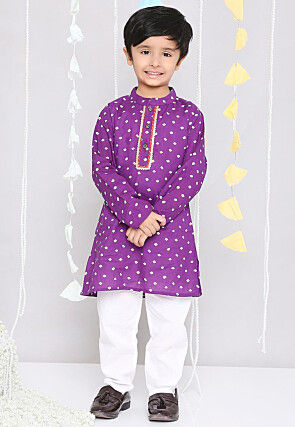 Bandhej Printed Pure Cotton Kurta Set in Purple
