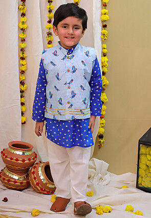 Bandhej Printed Pure Cotton Kurta Set in Royal Blue