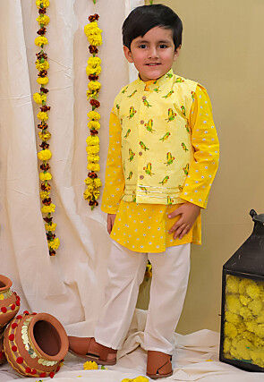 Bandhej Printed Pure Cotton Kurta Set in Yellow