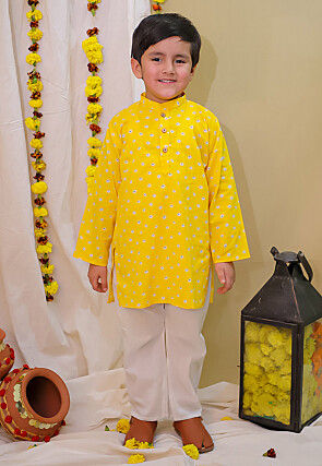 Bandhej Printed Pure Cotton Kurta Set in Yellow