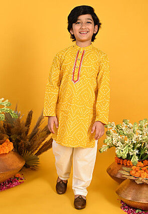 Bandhej Printed Pure Cotton Kurta Set in Yellow