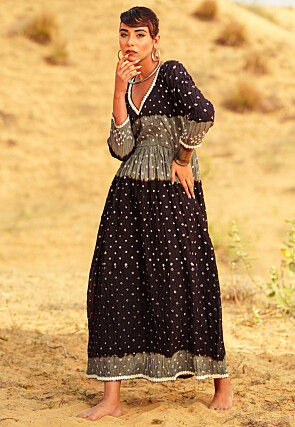 Bandhej Printed Pure Cotton Maxi Dress in Black and Grey