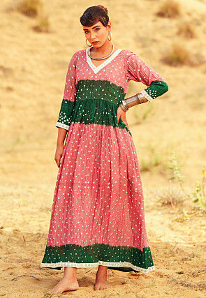 Bandhej Printed Pure Cotton Maxi Dress in Pink and Green