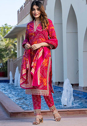 Bandhej Printed Pure Cotton Pakistani Suit in Fuchsia