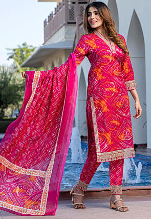 Bandhej Printed Pure Cotton Pakistani Suit in Fuchsia